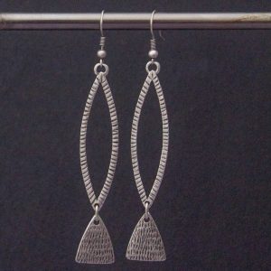 silver plated, long drop fish design earrings